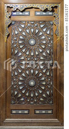 Door of Minbar of Al Rifai Mosque, with wooden arabesque tongue and groove assembled, inlaid with ivory and ebony, Egypt 85161577