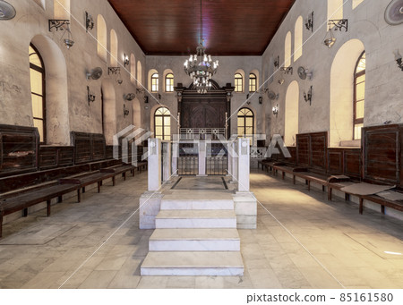 Interior of historic Jewish Maimonides Synagogue or Rav Moshe Synagogue with altar in front, Cairo Egypt Interior of historic Jewish Maimonides Synagogue or Rav Moshe Synagogue with altar in front, Cairo Egypt 85161580