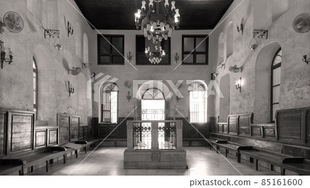 Black and white interior of historic Jewish Maimonides Synagogue or Rav Moshe Synagogue with altar in front, Cairo Egypt 85161600