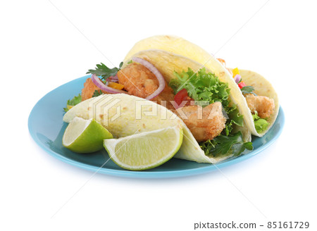 Yummy fish tacos with lettuce isolated on white Yummy fish tacos with lettuce isolated on white 85161729