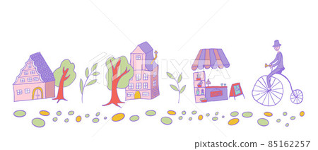 Set of buildings and vintage bike with gentleman in doodle style 85162257