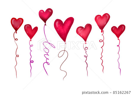 Heart shaped helium balloons for valentine s day. The thread from the balloon is made with the word love 85162267