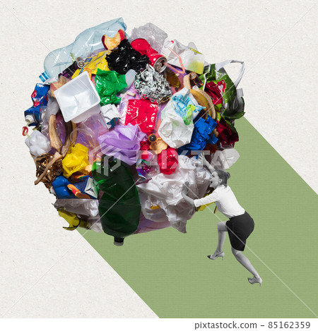 Woman push a huge ball, lump of plastic garbage, trash. Environmental pollution. Modern design. Contemporary conceptual art collage. 85162359