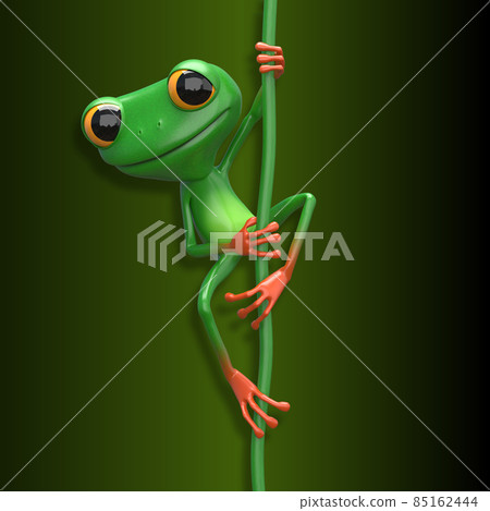 3D Illustration of a Green Frog on a Liana on a Green Background 85162444