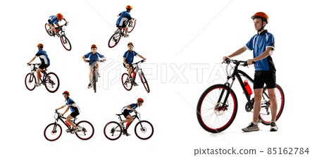 Collage of portraits of youg man, cyclists, riding a bike in protective helmet isolated over white background 85162784