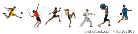 Collage of sportive people standing in a line isolated over white background 85162808