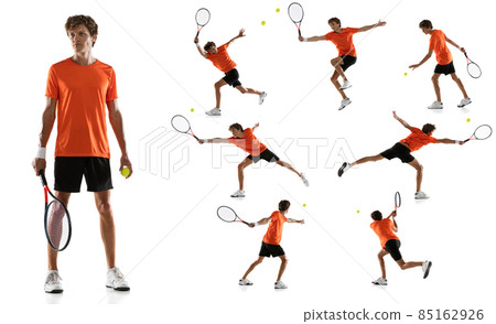 Collage of portraits of professional tennis player in orange unifrom training, playing isolated over white background Collage of portraits of professional tennis player in orange unifrom training, playing isolated over white background 85162926