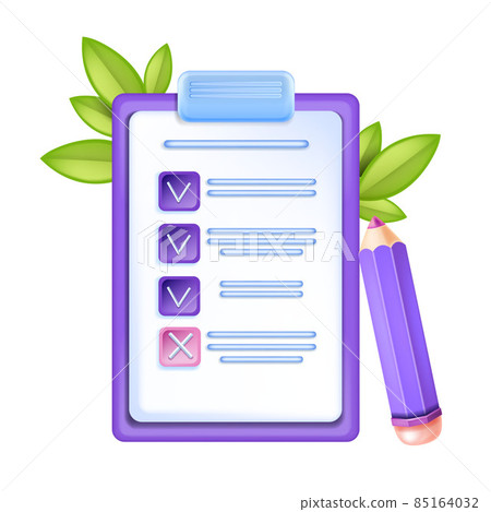 3D checklist icon, exam note form, vector clipboard document paper test illustration, checkbox  85164032