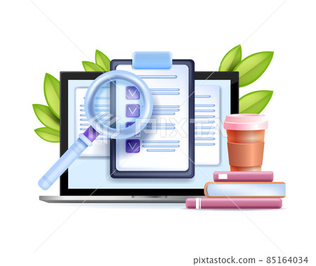 3D checklist on clipboard, vector online document paper, digital exam test, laptop screen, book, cup 85164034