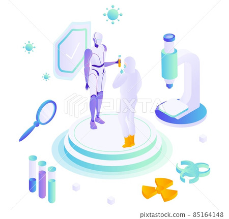 Delivery robot transporting infectious samples to lab for testing. Robots safety and superiority. AI vs human, vector. 85164148