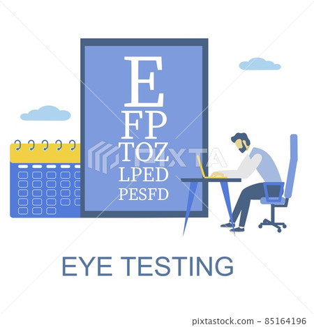 Online eye test chart. Man testing vision from home, flat vector illustration. Online eyesight and vision checkup. Online eye test chart. Man testing vision from home, flat vector illustration. Online eyesight and vision checkup. 85164196