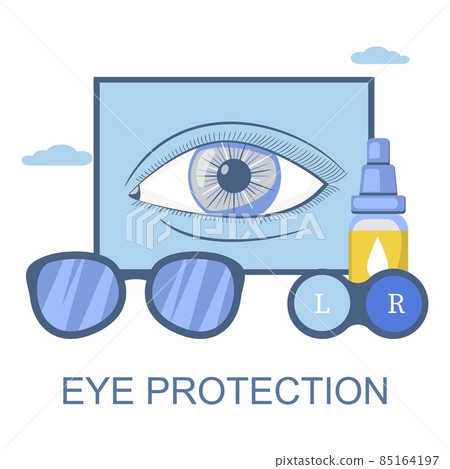 Contact lenses, eye drops, glasses, vector illustration. Vision correction, eye protection, ophthalmology. Contact lenses, eye drops, glasses, vector illustration. Vision correction, eye protection, ophthalmology. 85164197