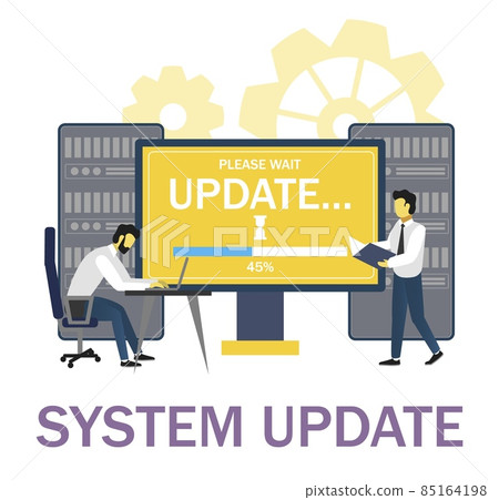 System administrators updating operation system. Software installation, computer system upgrade or maintenance, vector. System administrators updating operation system. Software installation, computer system upgrade or maintenance, vector. 85164198