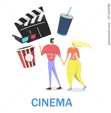Happy couple going to cinema holding hands, flat vector illustration. Entertainment industry. Romantic date. 85164200