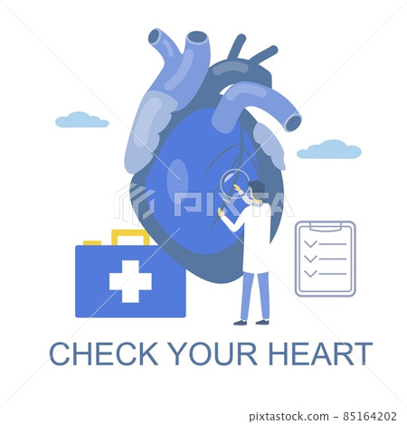 Heart checkup, flat vector illustration. Doctor cardiologist. Medicine and healthcare, cardiology. 85164202