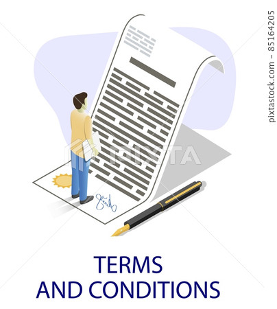 Businessman reading contract, flat vector isometric illustration. Terms and conditions. Agreement checking and signing. Businessman reading contract, flat vector isometric illustration. Terms and conditions. Agreement checking and signing. 85164205