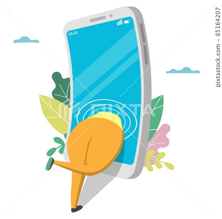 Addicted to mobile phone woman, vector illustration. Smartphone addiction. Obsessive use of a smartphone. Nomophobia. 85164207