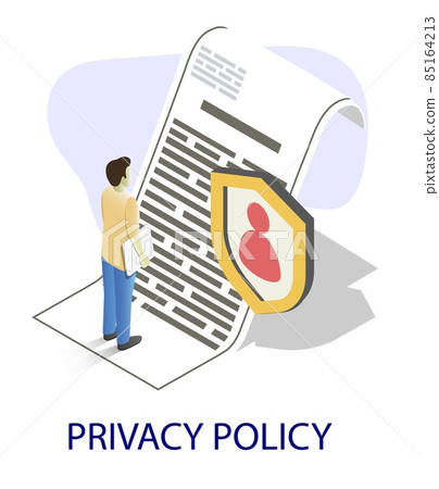 Businessman reading contract, flat vector isometric illustration. Privacy policy. Agreement checking and signing process 85164213