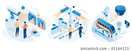 City surveillance video control with street safety cameras CCTV, flat vector isometric illustration. Public security. 85164223