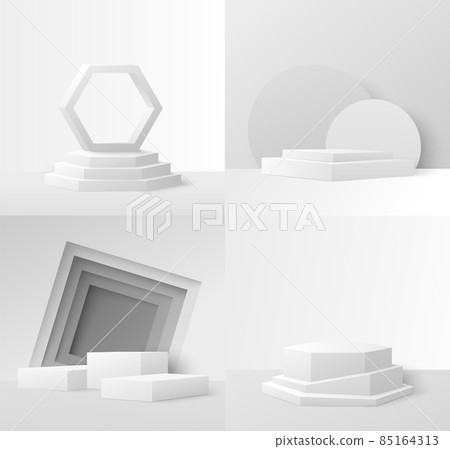 Product display podium mockup set, vector illustration. Realistic white stage, platform for exhibition, presentation. Product display podium mockup set, vector illustration. Realistic white stage, platform for exhibition, presentation. 85164313