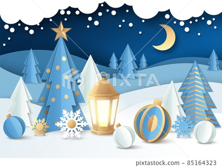 Merry Christmas scene, vector paper cut illustration. Christmas tree with balls, lantern, winter night forest landscape. 85164323