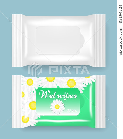 Wet wipes package plastic bag mockups. White blank and chamomile cosmetic napkins, wet tissue in pack with flap, vector. Wet wipes package plastic bag mockups. White blank and chamomile cosmetic napkins, wet tissue in pack with flap, vector. 85164324