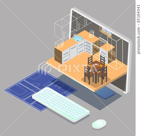 Interior design online service. Kitchen furniture 3d models on computer screen, house blueprint, vector illustration. Interior design online service. Kitchen furniture 3d models on computer screen, house blueprint, vector illustration. 85164341