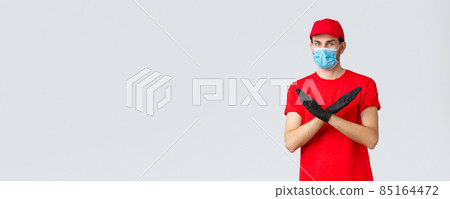 Covid-19, self-quarantine, online shopping and shipping concept. Courier disapprove contact during shipping goods, refuse or rejecting work without face mask and gloves, make cross sign 85164472