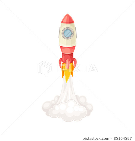 Red Rocket as Spacecraft with Engine Exhaust Launching in Space Vector Illustration 85164597