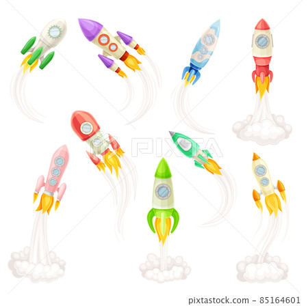 Rocket as Spacecraft with Engine Exhaust Launching and Flying in Space Vector Set Rocket as Spacecraft with Engine Exhaust Launching and Flying in Space Vector Set 85164601