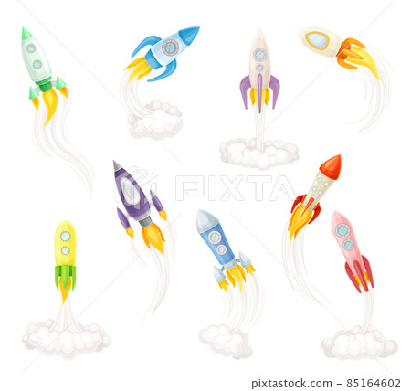 Rocket as Spacecraft with Engine Exhaust Launching and Flying in Space Vector Set Rocket as Spacecraft with Engine Exhaust Launching and Flying in Space Vector Set 85164602