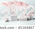 New year 2022 lights numbers with pink pampas branch, podiums 85164867