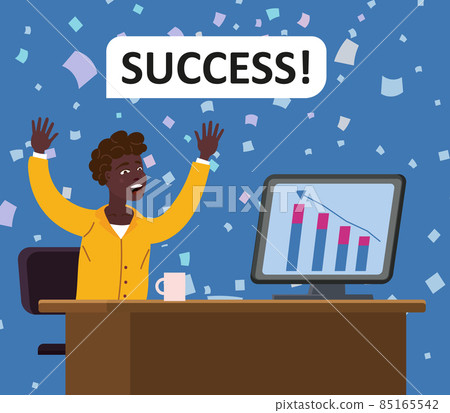 Businesswoman african successfull joiful happy, performance graphs growth are on the top of success. Profitable investment, stock market income on computer monitor. Millionaire banker, financier Businesswoman african successfull joiful happy, performance graphs growth are on the top of success. Profitable investment, stock market income on computer monitor. Millionaire banker, financier 85165542