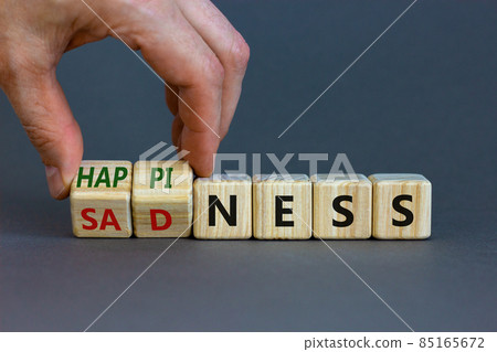 Happiness or sadness symbol. Businessman turns cubes and changes the word 'sadness' to 'happiness'. Beautiful grey background. Business, psychological and happines or sadness concept. Copy space. 85165672
