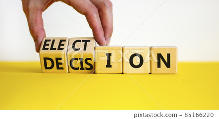Election and decision symbol. Businessman turns wooden cubes and changes the word Election to Decision. Beautiful white background, copy space. Business, election and decision concept. Election and decision symbol. Businessman turns wooden cubes and changes the word Election to Decision. Beautiful white background, copy space. Business, election and decision concept. 85166220
