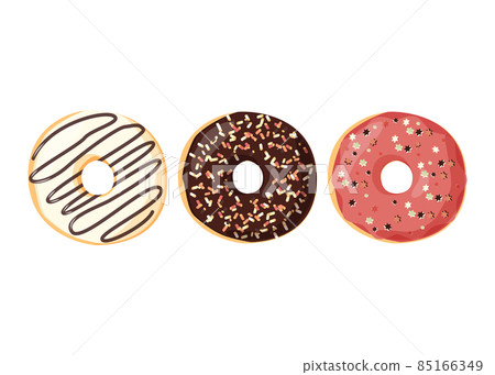 Set of realistic colorful donuts isolated on white background. Top view vector donuts collection with glaze for menu design, cafe decoration. 85166349