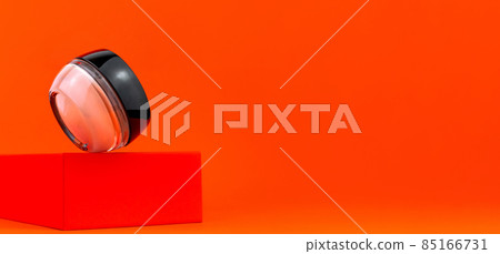 Cosmetic tonal foundation glass jar mockup on geometrical podium orange background. Makeup product BB cream facial skin. Cosmetic tonal foundation glass jar mockup on geometrical podium orange background. Makeup product BB cream facial skin. 85166731