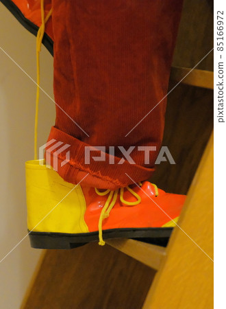 a clown in big clownshoes walking up a stairs 85166972