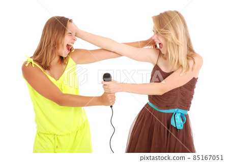 Two beautiful singer teenanger girl singing with microphone 85167051
