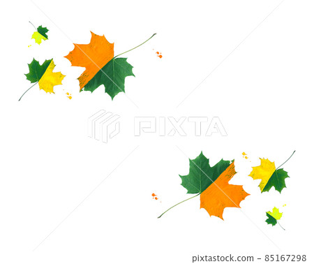 Bright maple leaves decorated with gouache paints on white background. Symmetrical creative autumn design. 85167298