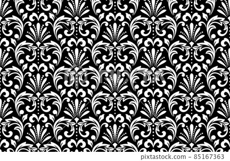 Floral pattern. Vintage wallpaper in the Baroque style. Seamless vector background. White and black ornament for fabric, wallpaper, packaging. Ornate Damask flower ornament Floral pattern. Vintage wallpaper in the Baroque style. Seamless vector background. White and black ornament for fabric, wallpaper, packaging. Ornate Damask flower ornament 85167363