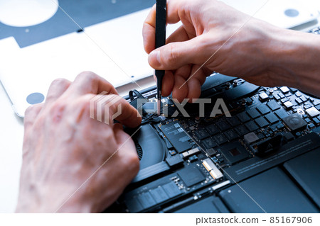 Maintenance pc. Maintenance repair engineer support. Computer technician service with laptop on hardware background. Electronic technology development concept. 85167906