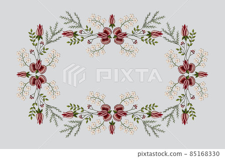 Pattern for embroidery on a pink tablecloth with a frame of white flowers with buds of roses, white flowers, coniferous branches and berries on a bluish-white background Pattern for embroidery on a pink tablecloth with a frame of white flowers with buds of roses, white flowers, coniferous branches and berries on a bluish-white background 85168330