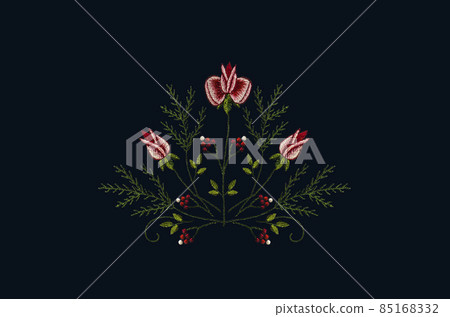 Beautiful pattern for embroidery of a delicate bouquet of twigs with red-pink rosebuds,coniferous twigs and berries on a blue background Beautiful pattern for embroidery of a delicate bouquet of twigs with red-pink rosebuds,coniferous twigs and berries on a blue background 85168332