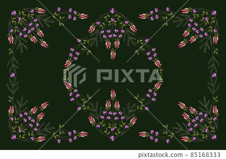Pattren for embroidery of a tablecloth with an ornament of bouquets of twigs with red rosebuds,violets and a coniferous twig on a green background. Pattren for embroidery of a tablecloth with an ornament of bouquets of twigs with red rosebuds,violets and a coniferous twig on a green background. 85168333