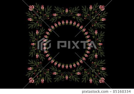 Pattern for embroidery of a square frame with corners of intertwining branches of red rose buds with conifers, berries and a round wreath of roses on a black background. Pattern for embroidery of a square frame with corners of intertwining branches of red rose buds with conifers, berries and a round wreath of roses on a black background. 85168334