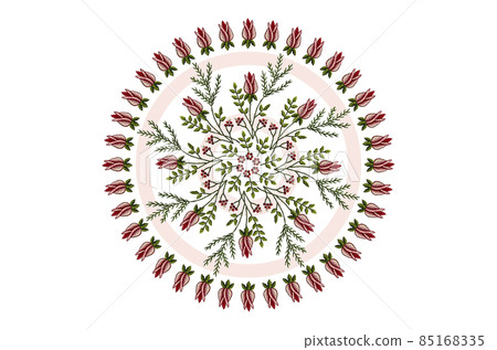 Pattern for embroidery of a circle of rosebuds and a bouquet of branches with red rosebuds, coniferous branches and berries in the center on a white background Pattern for embroidery of a circle of rosebuds and a bouquet of branches with red rosebuds, coniferous branches and berries in the center on a white background 85168335