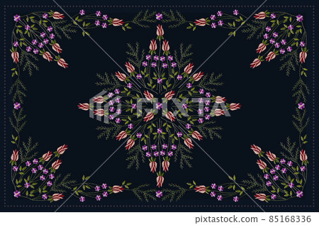 Pattern for embroidery of a tablecloth with an ornament in the center of twigs with red rosebuds, violets and a coniferous twig on a dark blue background. Pattern for embroidery of a tablecloth with an ornament in the center of twigs with red rosebuds, violets and a coniferous twig on a dark blue background. 85168336