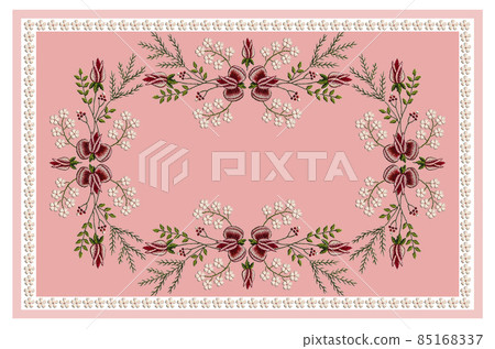 Pattern for embroidery on a pink tablecloth with a frame of white flowers with buds of roses, white flowers, coniferous branches and berries on a white background 85168337