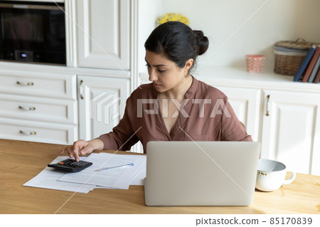 Concentrated millennial indian woman calculating expenditures at home. 85170839
